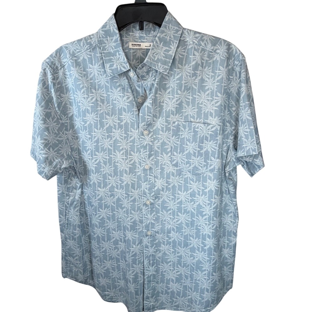 Sonoma Goods For Life Mens Medium Blue Linen Palm Tree Short Sleeve Shirt 021